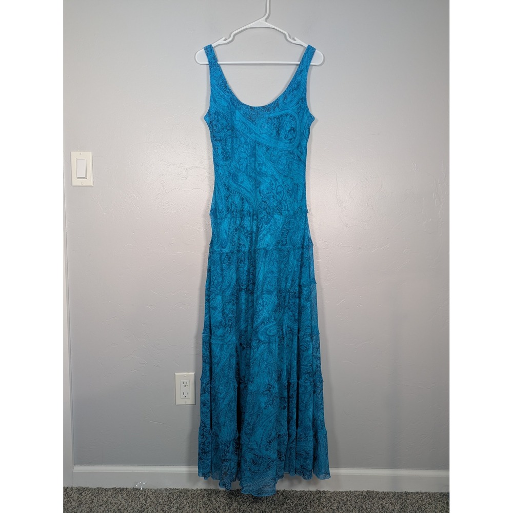 Jones Wear Dress 10 Blue Paisley Tiered Maxi Dress Sleeveless Fairy Chiffon